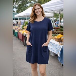 Eileen Fisher Navy Blue T-Shirt Dress Cotton Stretch Pockets Size Medium